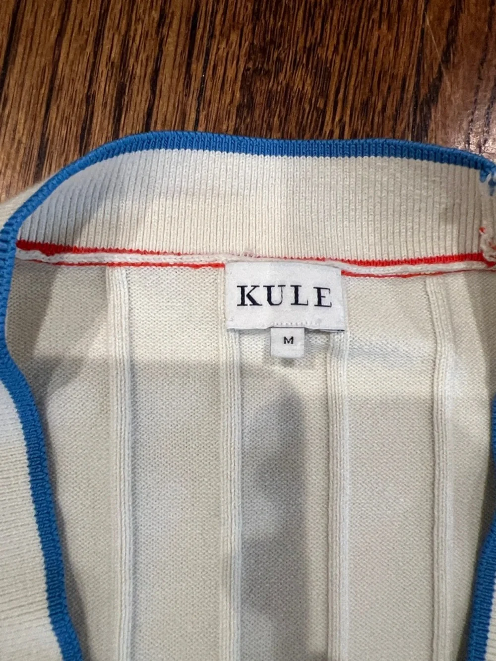 KULE Cream Ribbed Cardigan with Red & Blue Piping - Picture 2 of 6